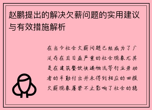 赵鹏提出的解决欠薪问题的实用建议与有效措施解析 赵鹏提出的解决欠薪问题的实用建议与有效措施解析