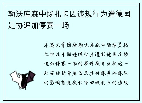 勒沃库森中场扎卡因违规行为遭德国足协追加停赛一场 勒沃库森中场扎卡因违规行为遭德国足协追加停赛一场
